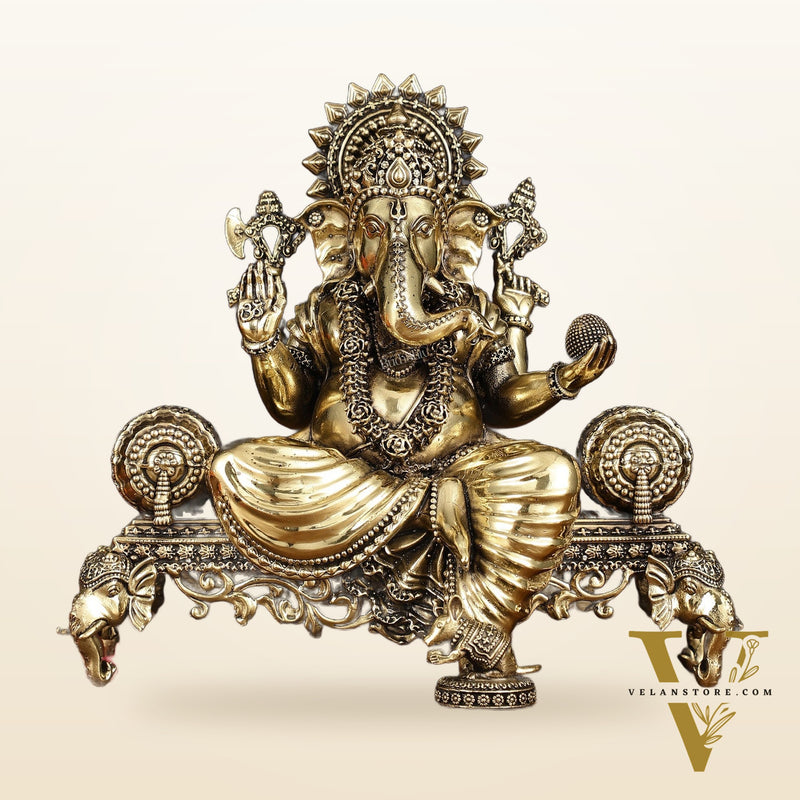 Brass Superfine Large Ganesha Lakshmi Saraswati Idol Set - 7 Inch