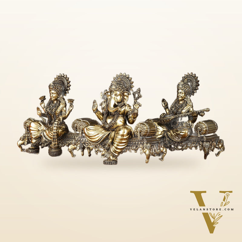 Brass Superfine Large Ganesha Lakshmi Saraswati Idol Set - 7 Inch