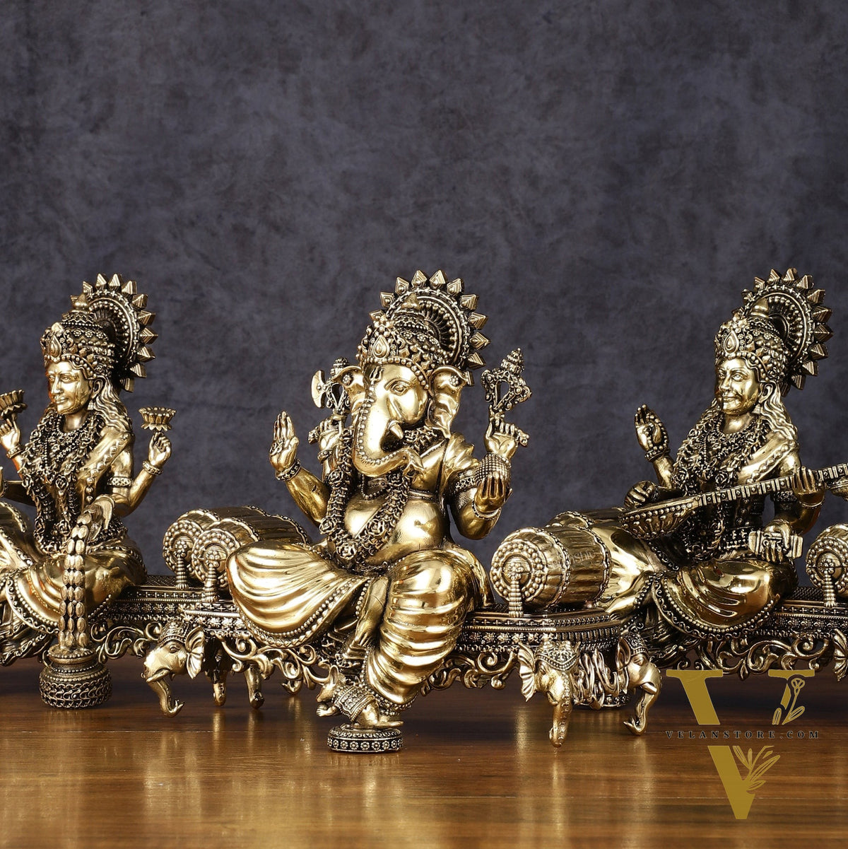 Brass Superfine Large Ganesha Lakshmi Saraswati Idol Set - 7 Inch