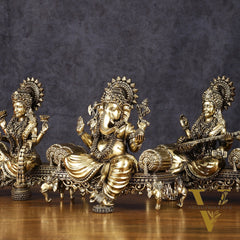 Brass Superfine Large Ganesha Lakshmi Saraswati Idol Set - 7 Inch