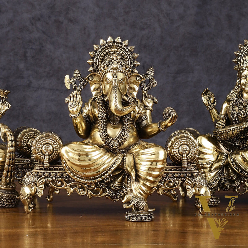 Brass Superfine Large Ganesha Lakshmi Saraswati Idol Set - 7 Inch