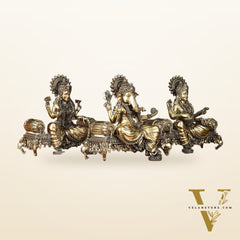 Brass Superfine Large Ganesha Lakshmi Saraswati Idol Set - 7 Inch