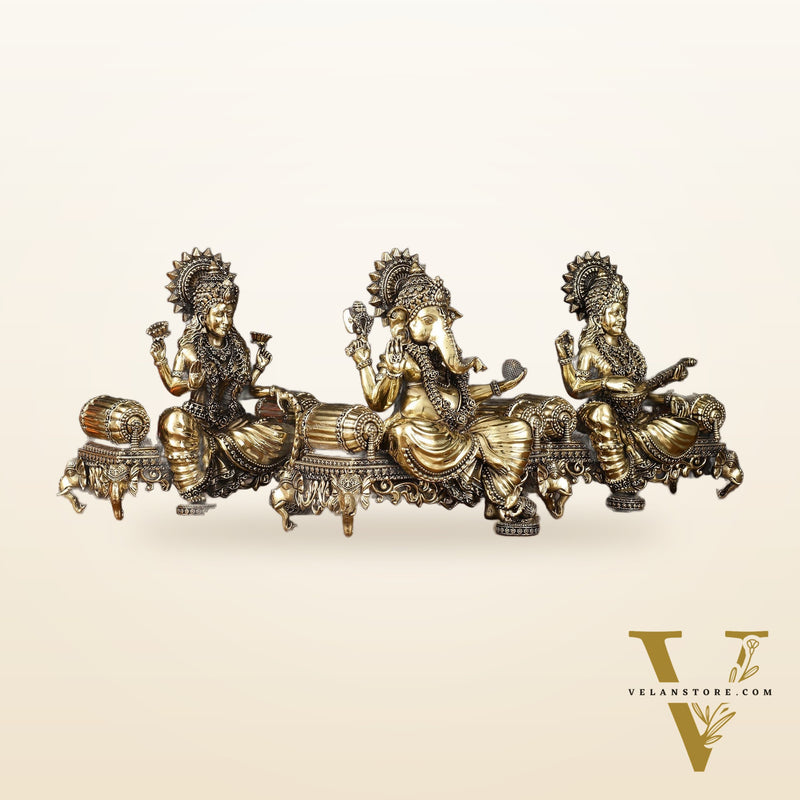 Brass Superfine Large Ganesha Lakshmi Saraswati Idol Set - 7 Inch