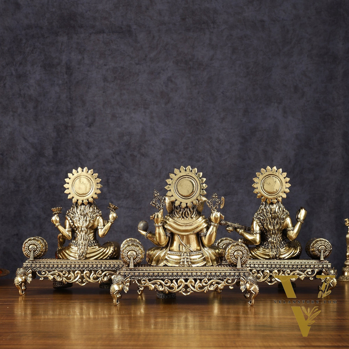 Brass Superfine Large Ganesha Lakshmi Saraswati Idol Set - 7 Inch