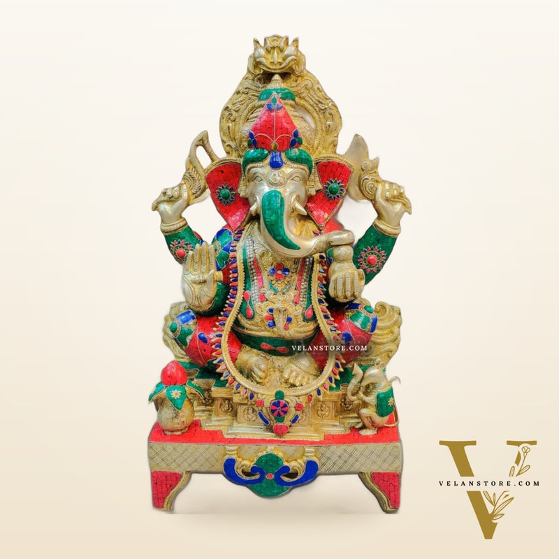 Brass Superfine large Ganesha Statue with Stonework 35"
