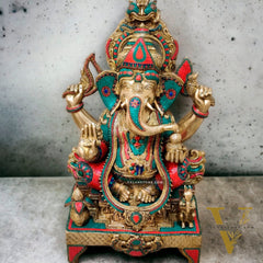 Brass Superfine large Ganesha Statue with Stonework 35"