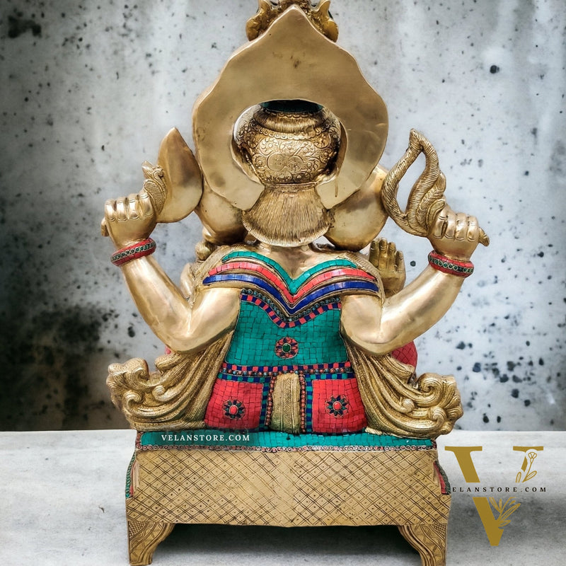 Brass Superfine large Ganesha Statue with Stonework 35"