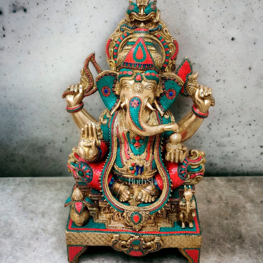 Brass Superfine large Ganesha Statue with Stonework 35"