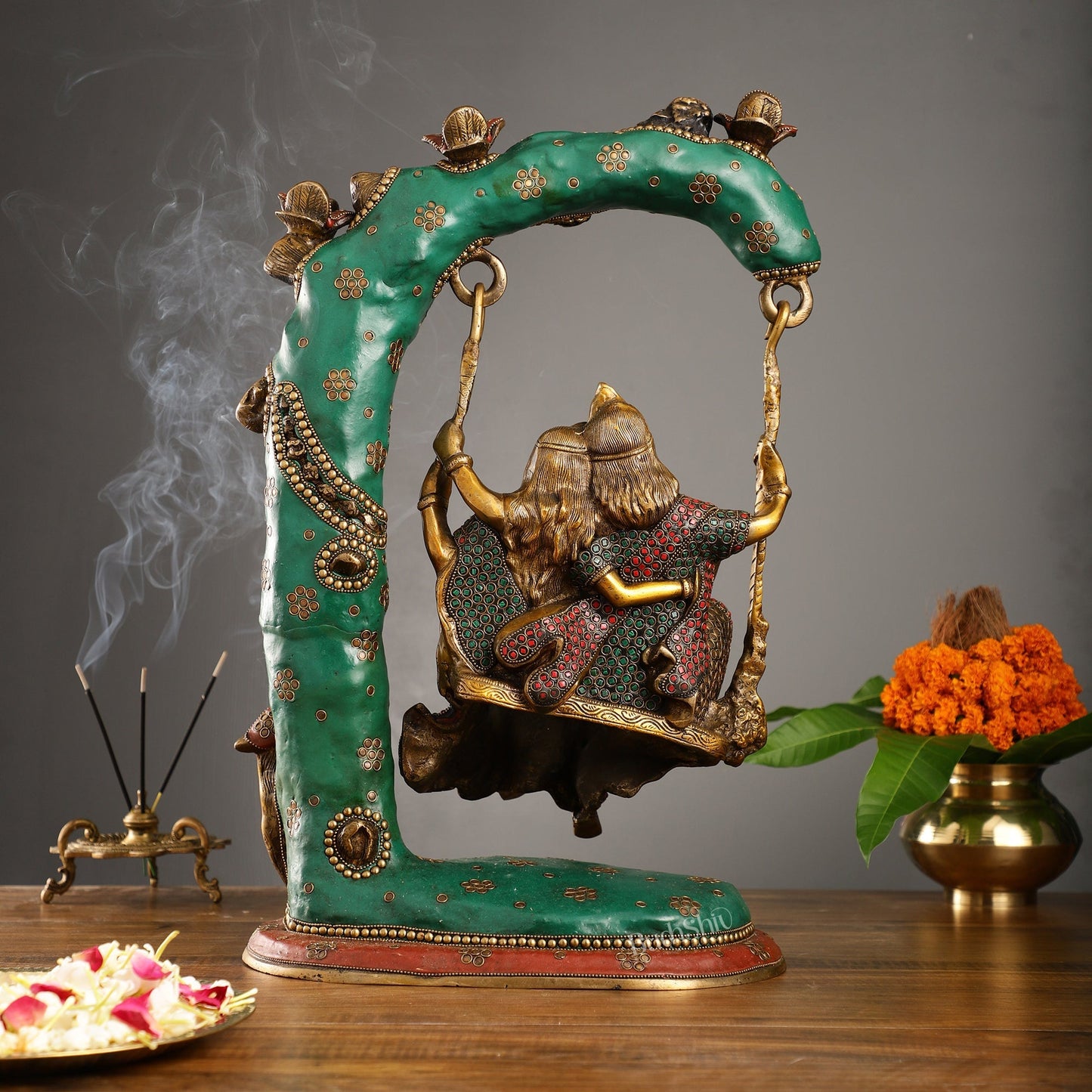 Superfine Brass Radha Krishna Swing with Meenakari Work - 23-inch