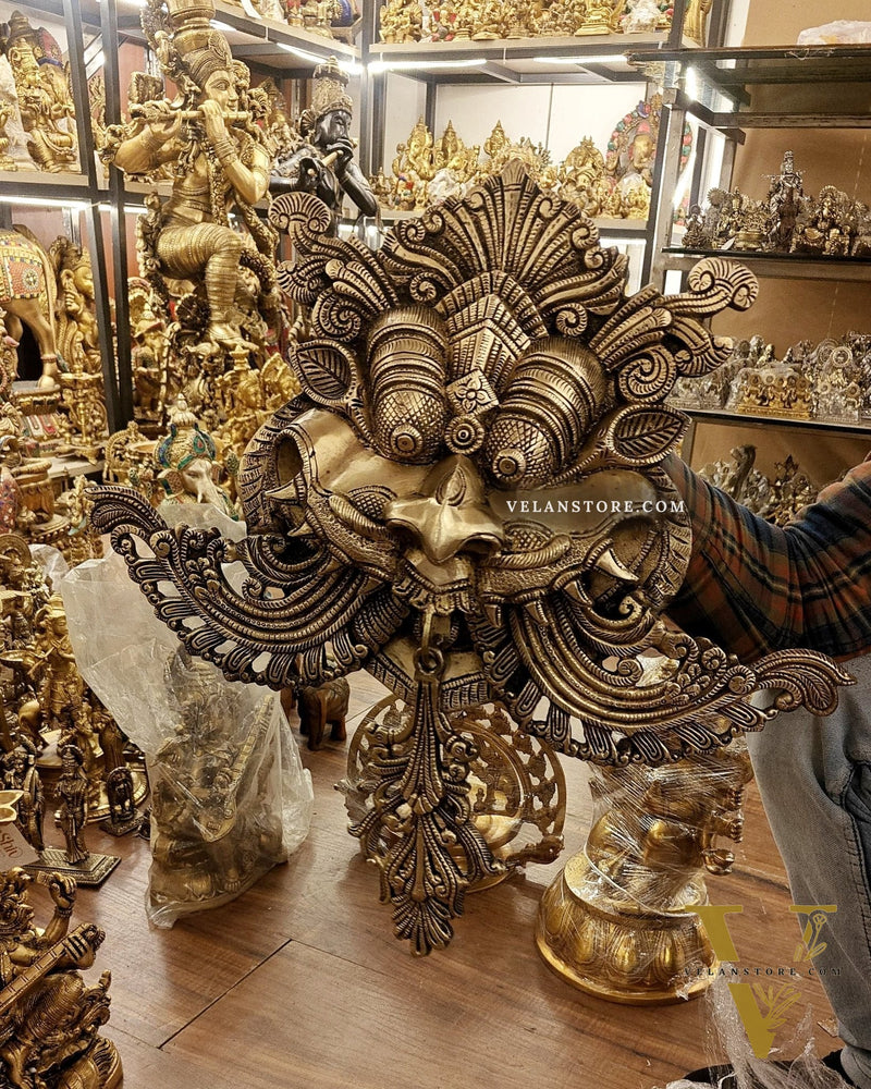 Brass Superfine Large Yali wall hanging Dragon face Nazarbattu 18" golden tone