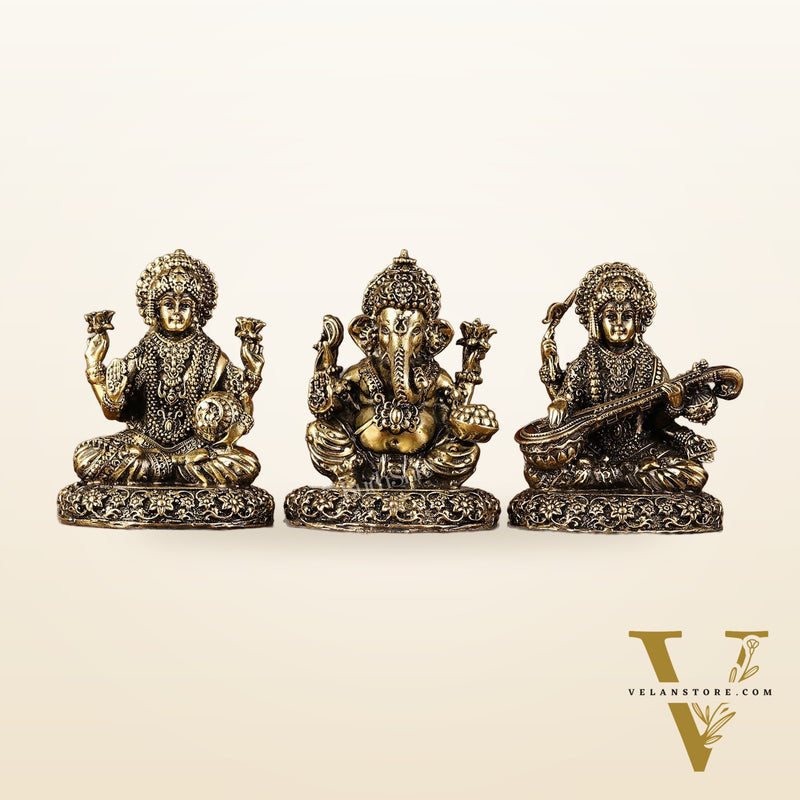 Brass Superfine Lightweight Intricate Ganesh Lakshmi Saraswati Idols - 3"
