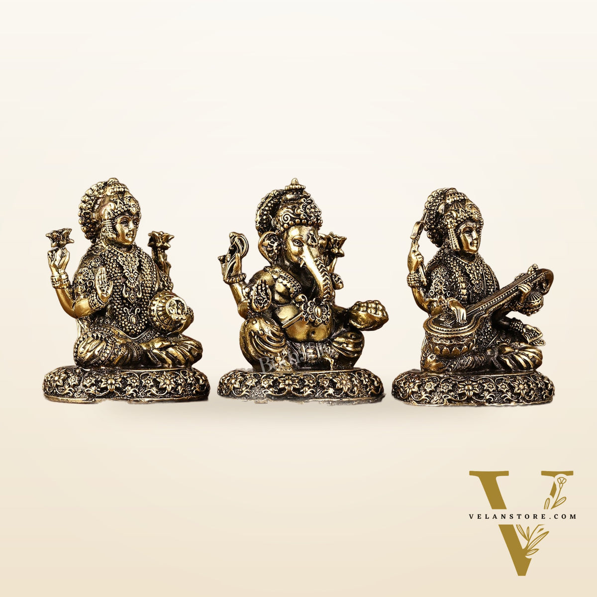 Brass Superfine Lightweight Intricate Ganesh Lakshmi Saraswati Idols - 3"