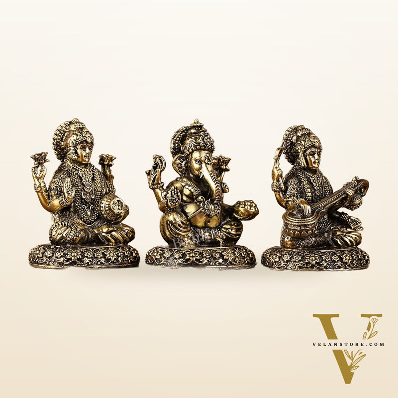 Brass Superfine Lightweight Intricate Ganesh Lakshmi Saraswati Idols - 3"