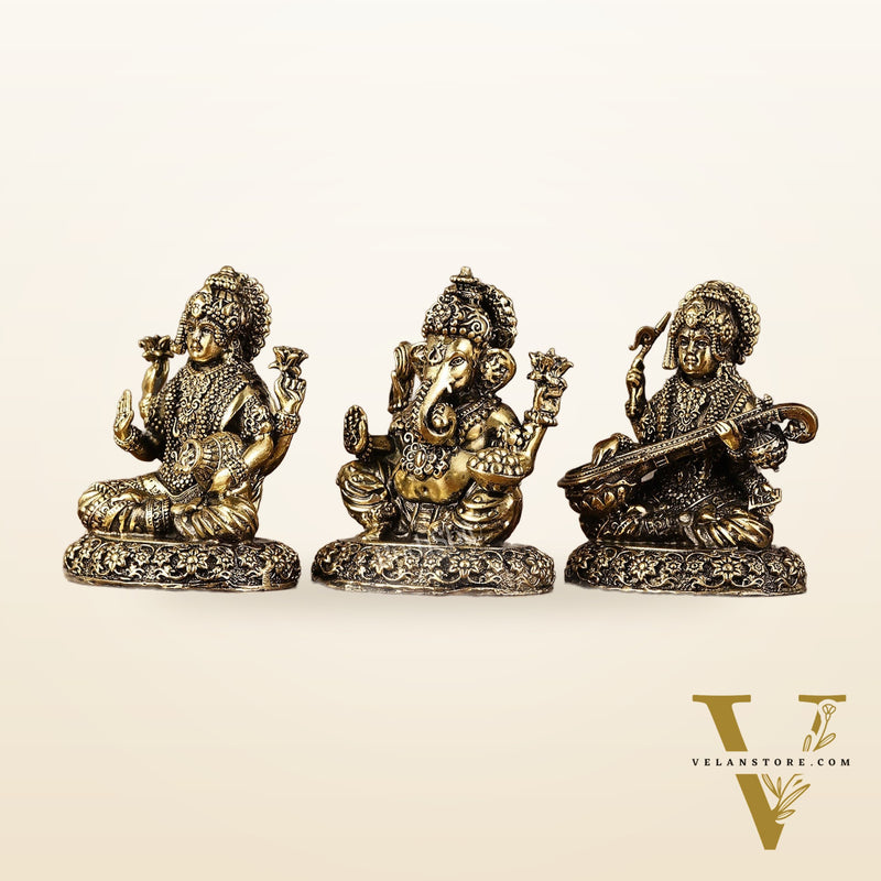 Brass Superfine Lightweight Intricate Ganesh Lakshmi Saraswati Idols - 3"
