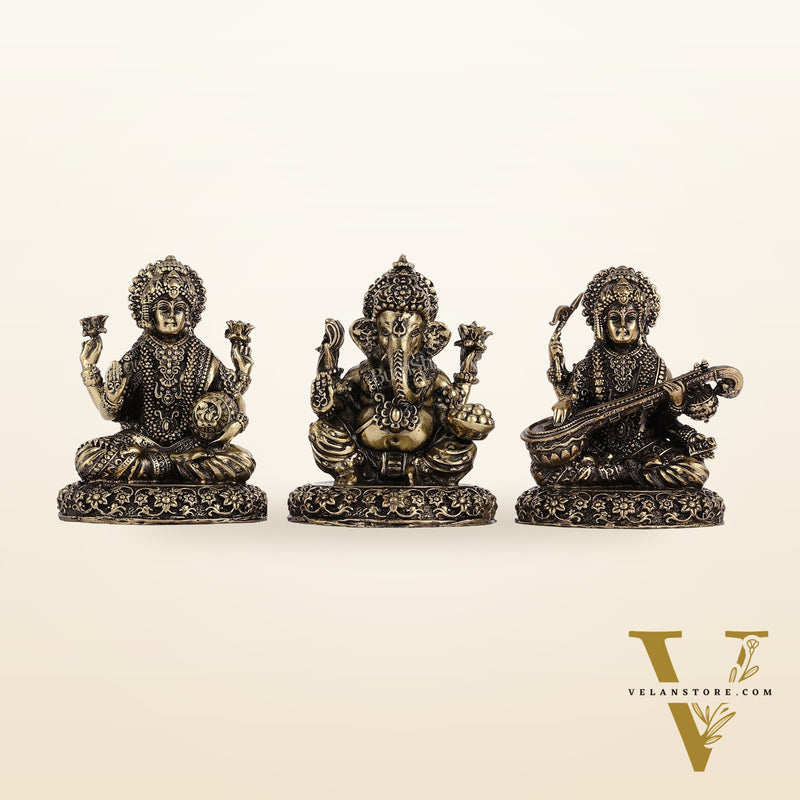 Brass Superfine Lightweight Intricate Ganesh Lakshmi Saraswati Idols - 3"