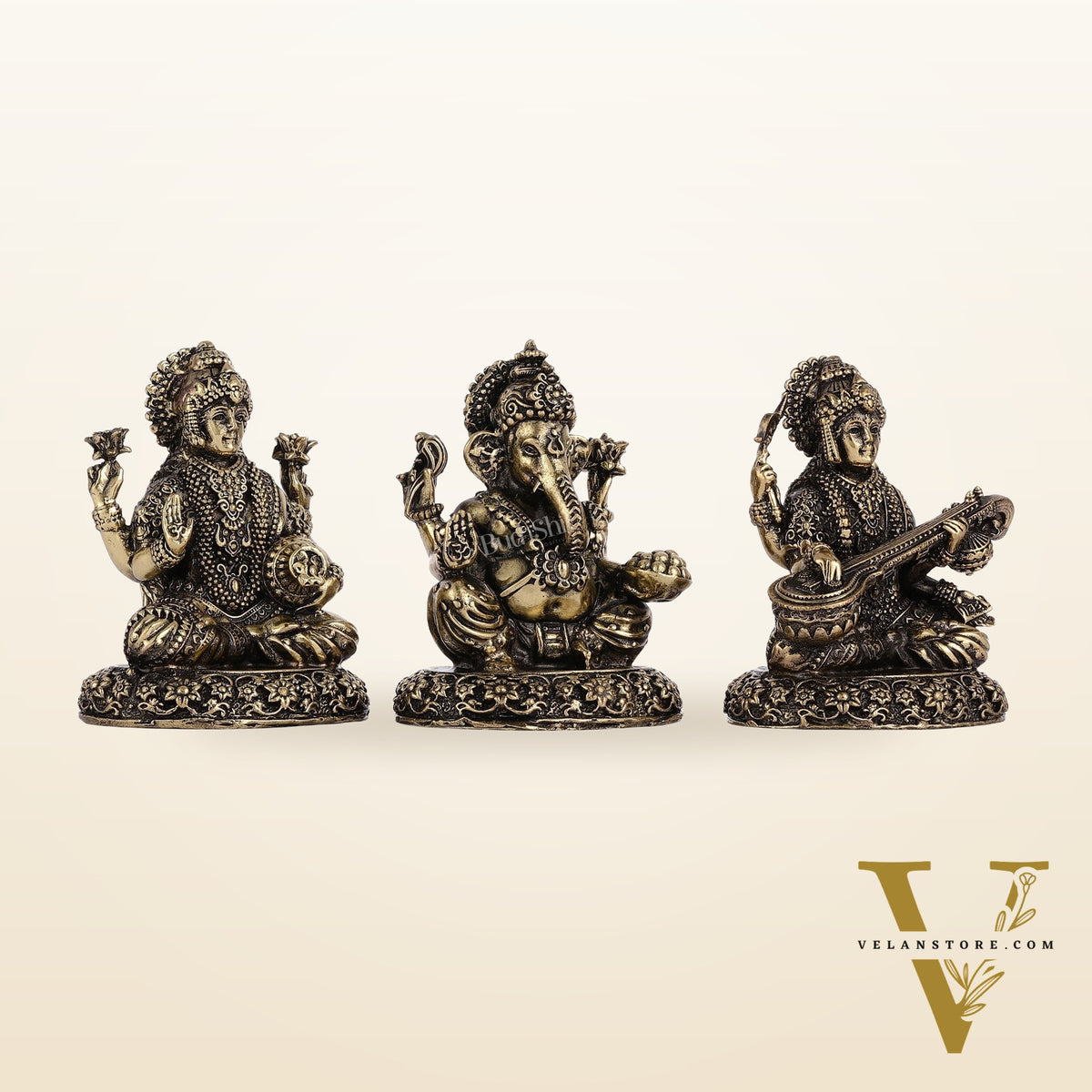 Brass Superfine Lightweight Intricate Ganesh Lakshmi Saraswati Idols - 3"
