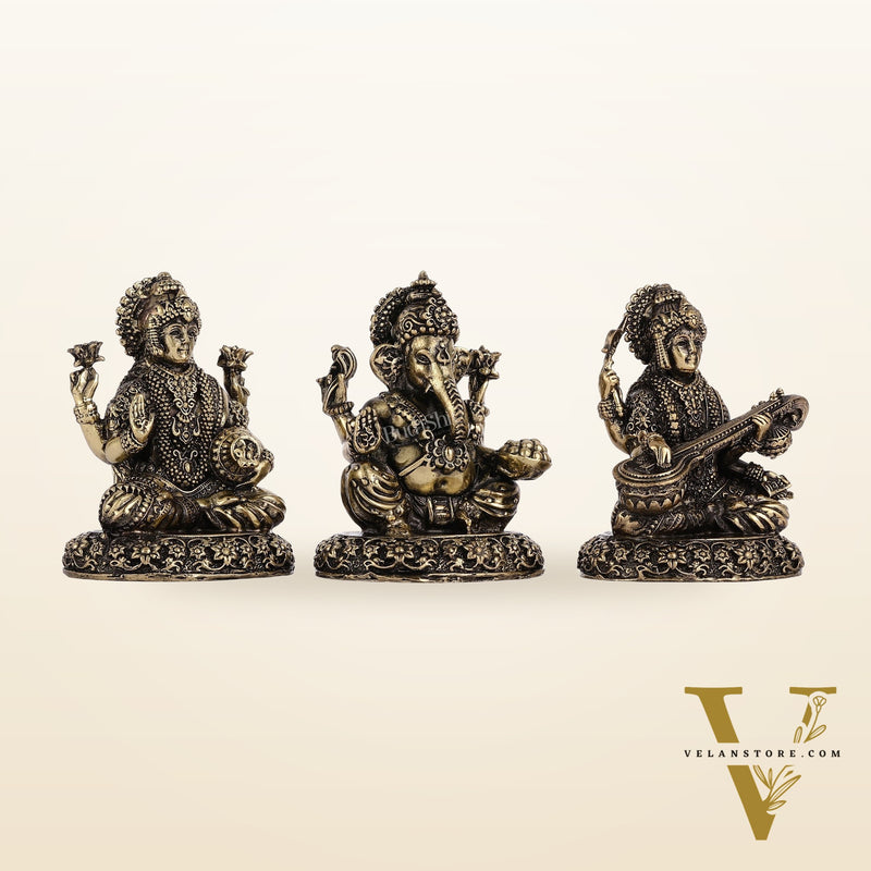 Brass Superfine Lightweight Intricate Ganesh Lakshmi Saraswati Idols - 3"