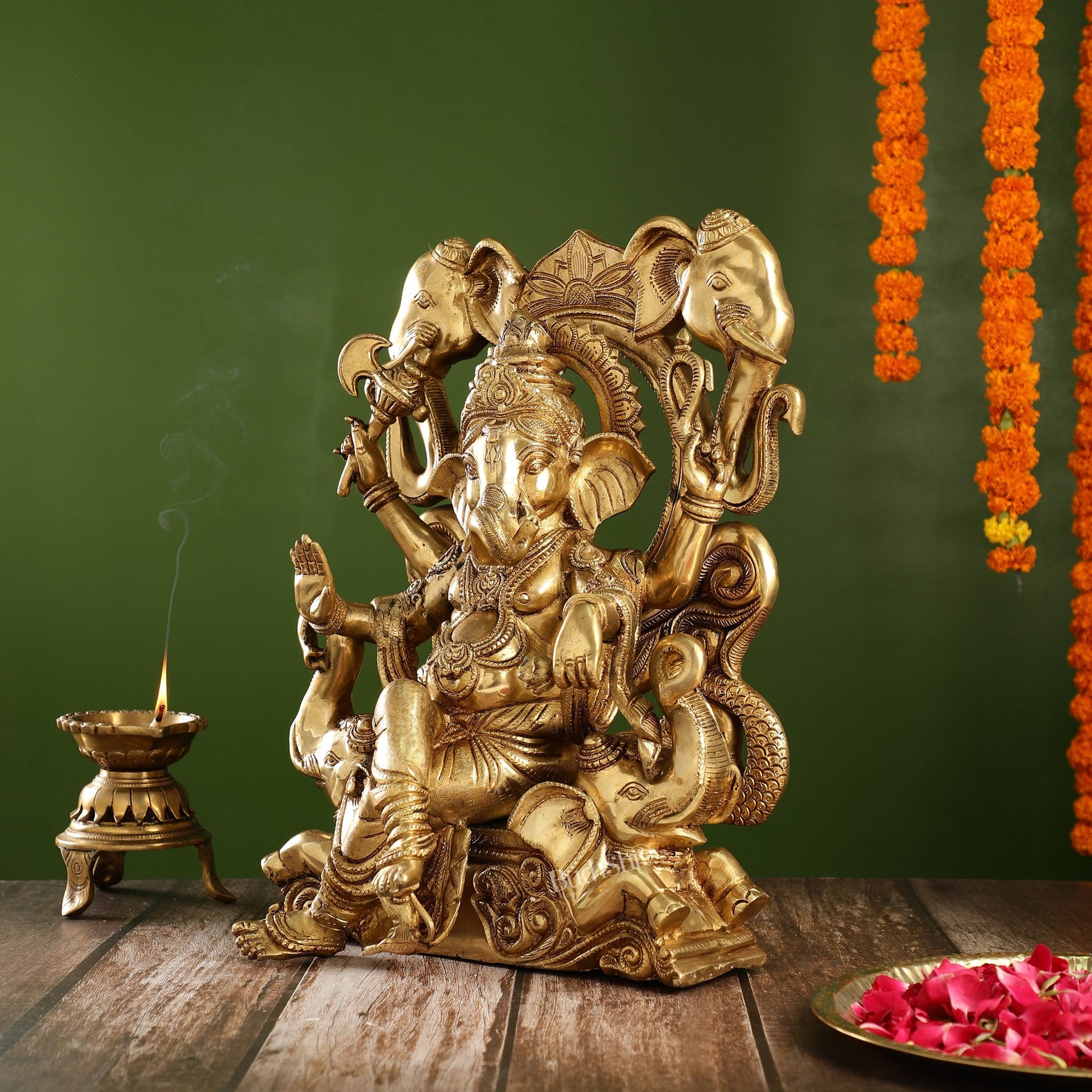 Brass Superfine Lord Ganapati Seated on Throne Statue 18 inch