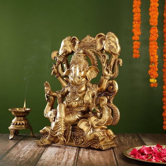 Brass Superfine Lord Ganapati Seated on Throne Statue 18 inch