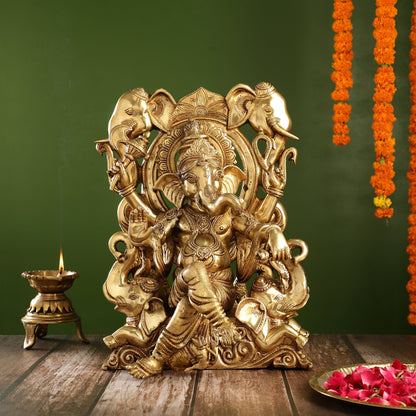 Brass Superfine Lord Ganapati Seated on Throne Statue 18 inch