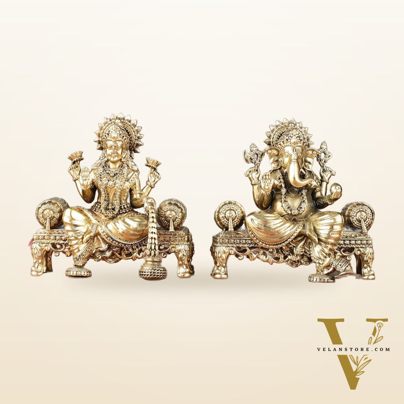 Brass Superfine Lord Ganesha and Goddess Lakshmi Idol Set | 4"