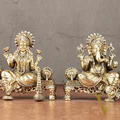 Brass Superfine Lord Ganesha and Goddess Lakshmi Idol Set | 4"