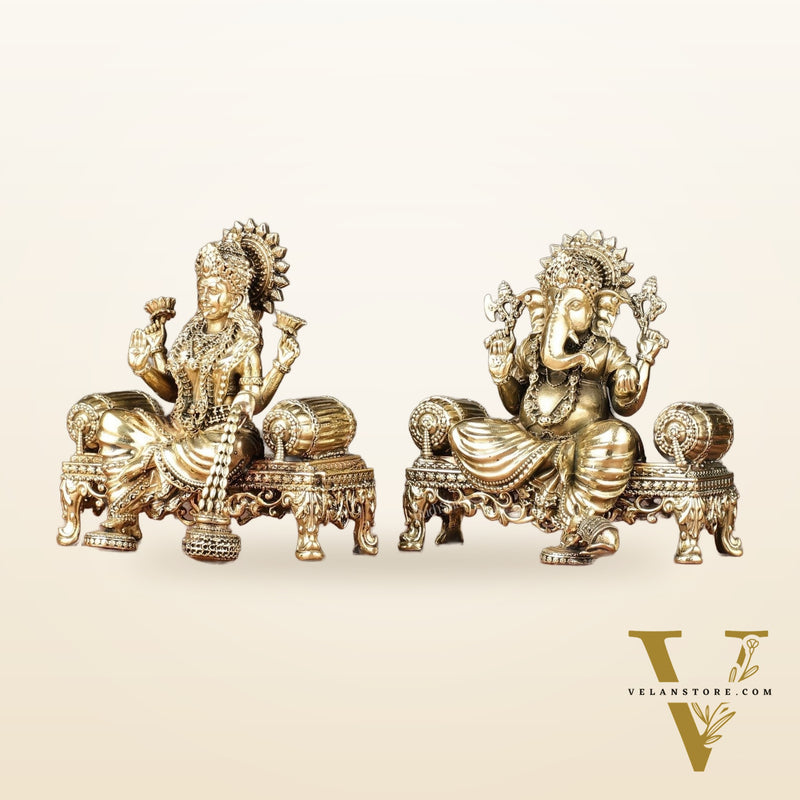 Brass Superfine Lord Ganesha and Goddess Lakshmi Idol Set | 4"