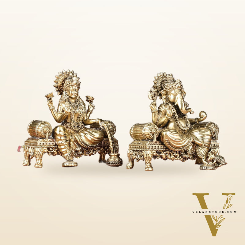 Brass Superfine Lord Ganesha and Goddess Lakshmi Idol Set | 4"