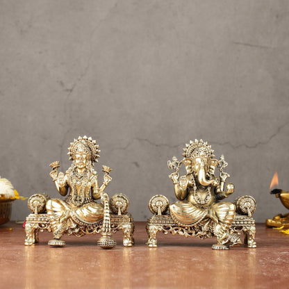 Brass Superfine Lord Ganesha and Goddess Lakshmi Idol Set | 4"