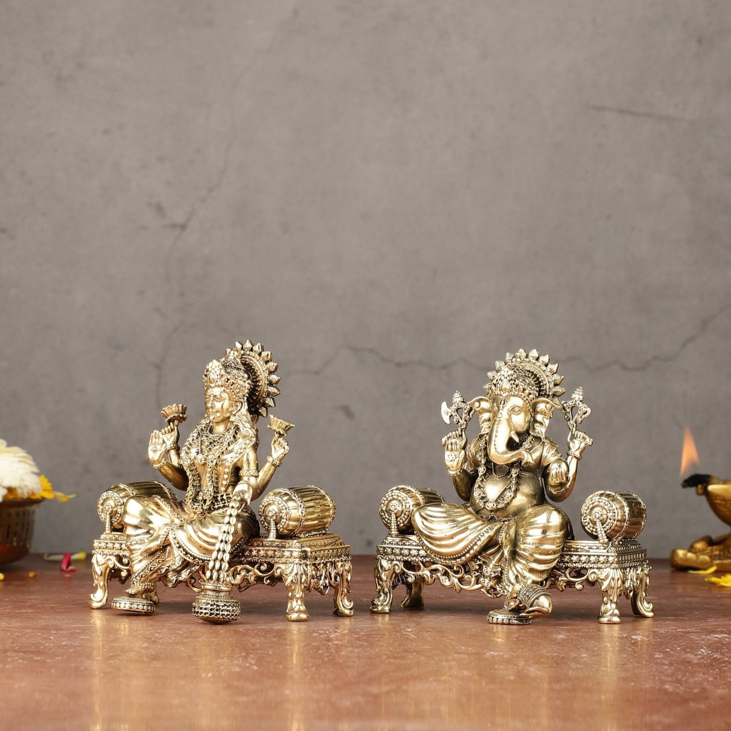 Brass Superfine Lord Ganesha and Goddess Lakshmi Idol Set | 4"