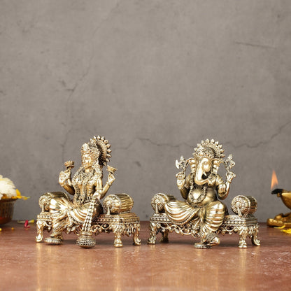 Brass Superfine Lord Ganesha and Goddess Lakshmi Idol Set | 4"