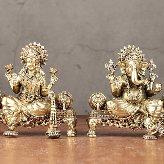 Brass Superfine Lord Ganesha and Goddess Lakshmi Idol Set | 4"