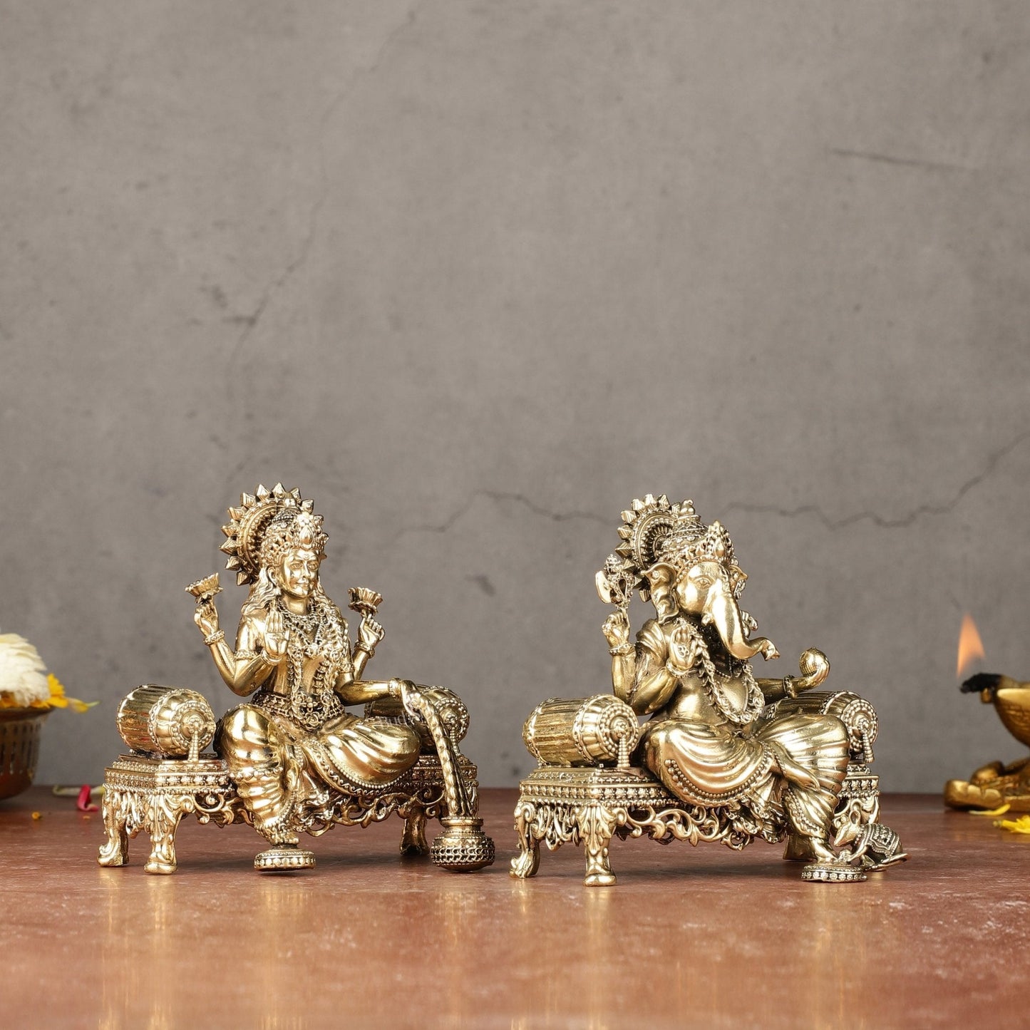 Brass Superfine Lord Ganesha and Goddess Lakshmi Idol Set | 4"