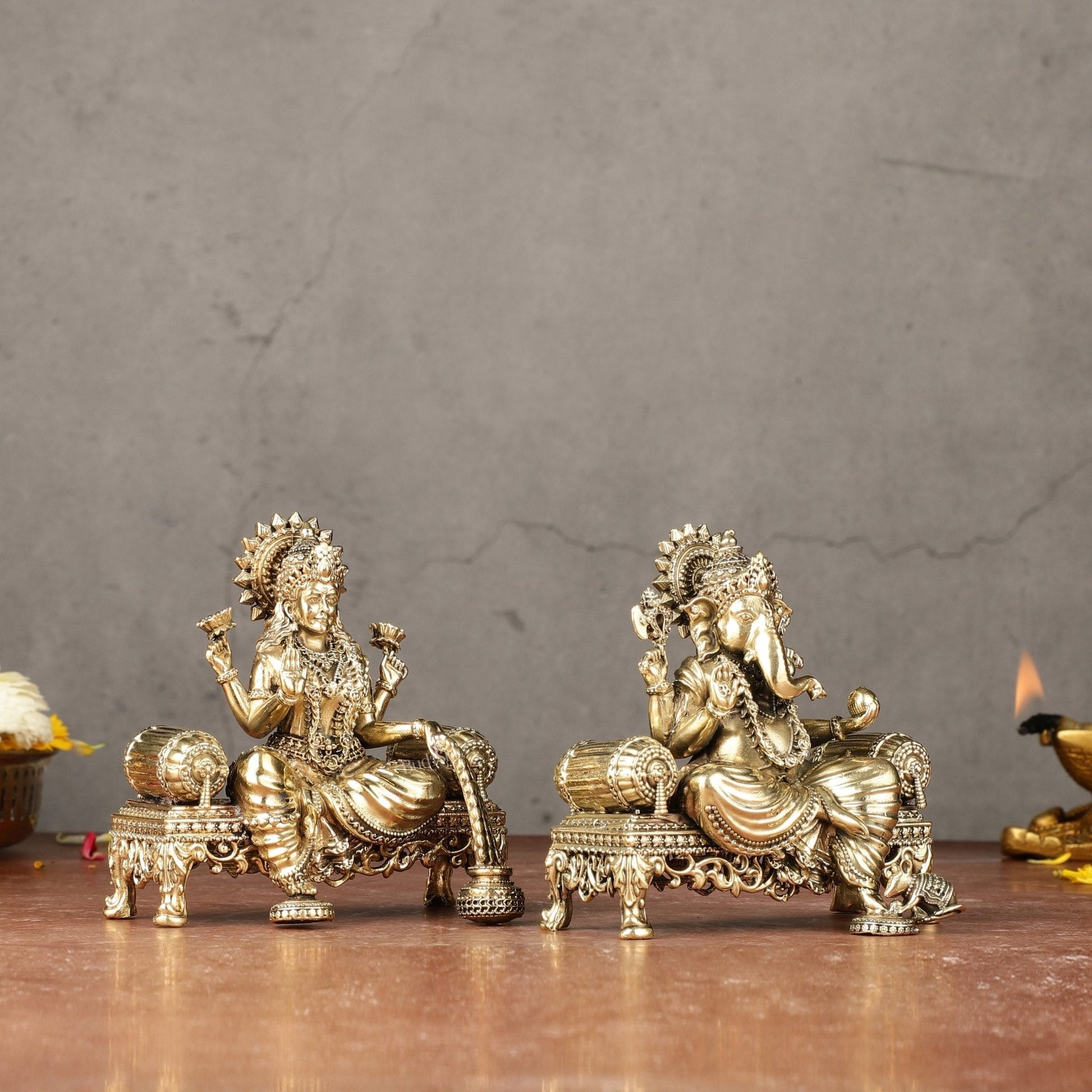 Brass Superfine Lord Ganesha and Goddess Lakshmi Idol Set | 4"