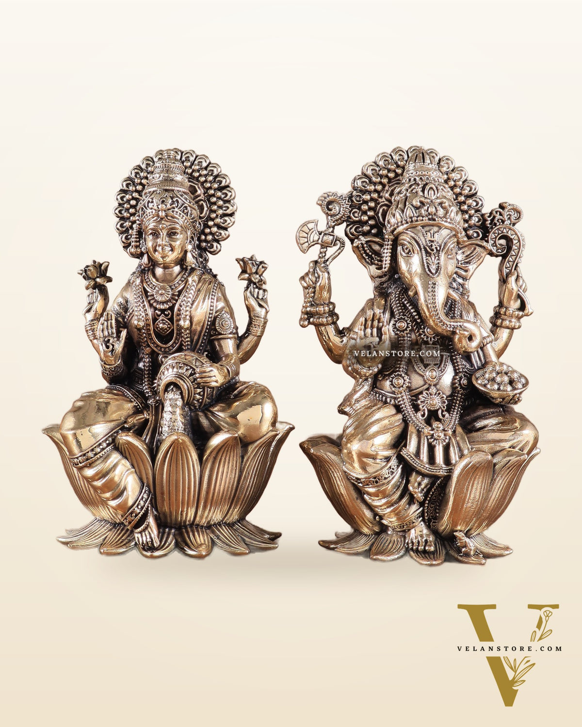 Brass Superfine Lord Ganesha & Goddess Lakshmi Pair – Intricately Carved 6"