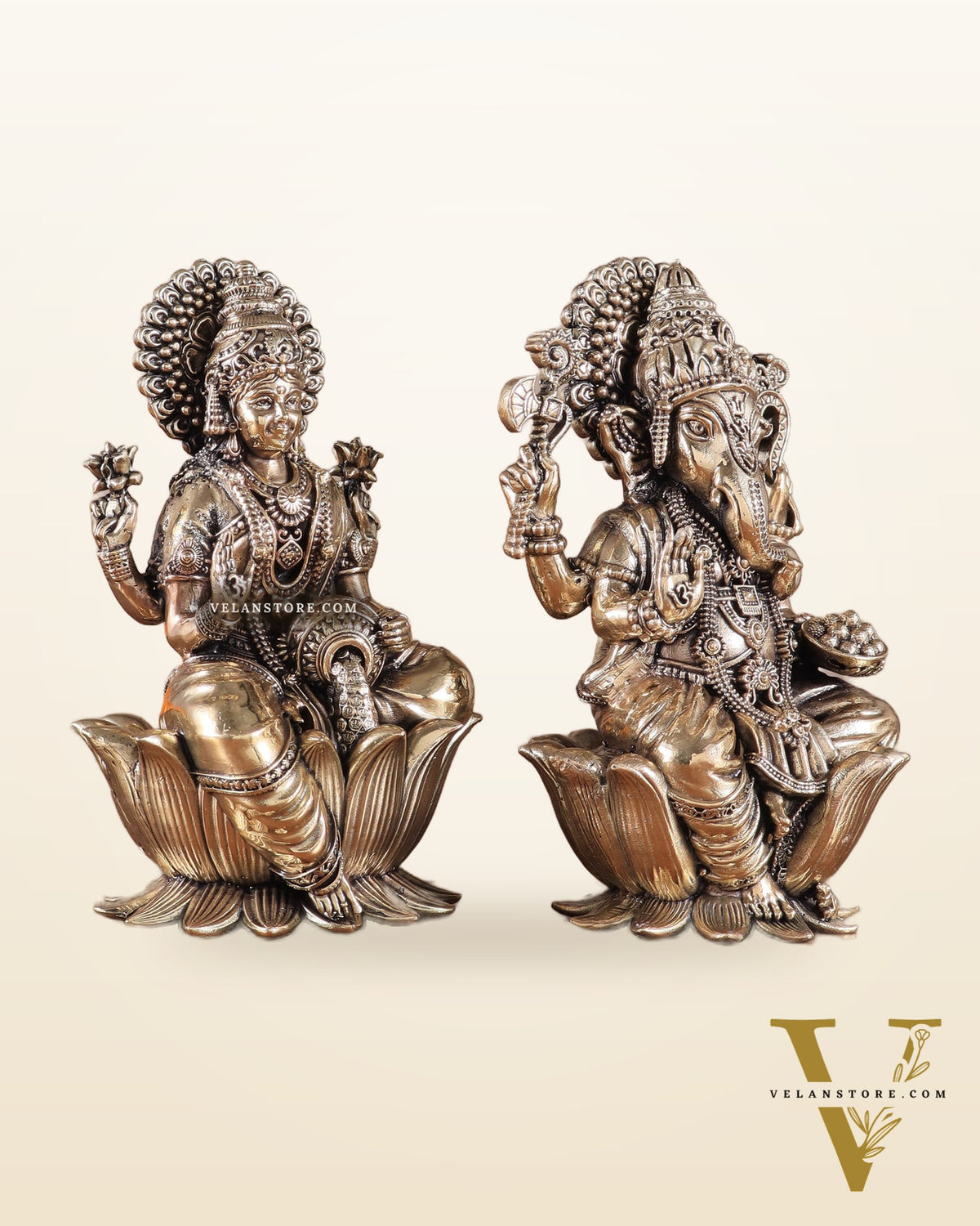 Brass Superfine Lord Ganesha & Goddess Lakshmi Pair – Intricately Carved 6"