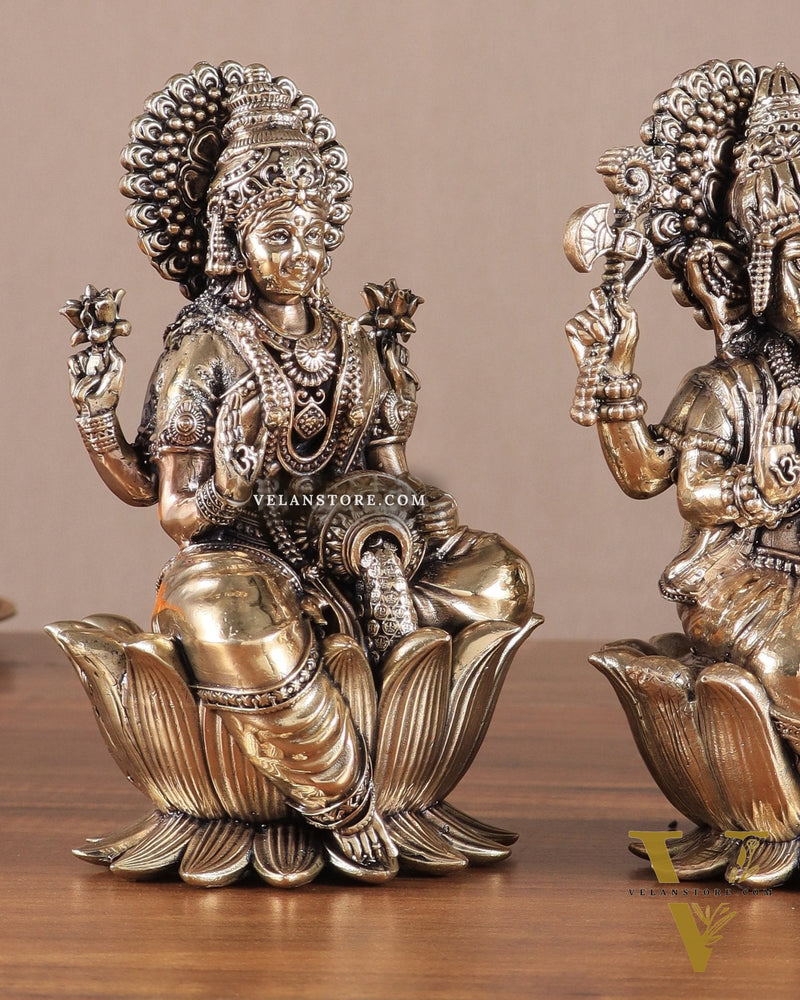 Brass Superfine Lord Ganesha & Goddess Lakshmi Pair – Intricately Carved 6"