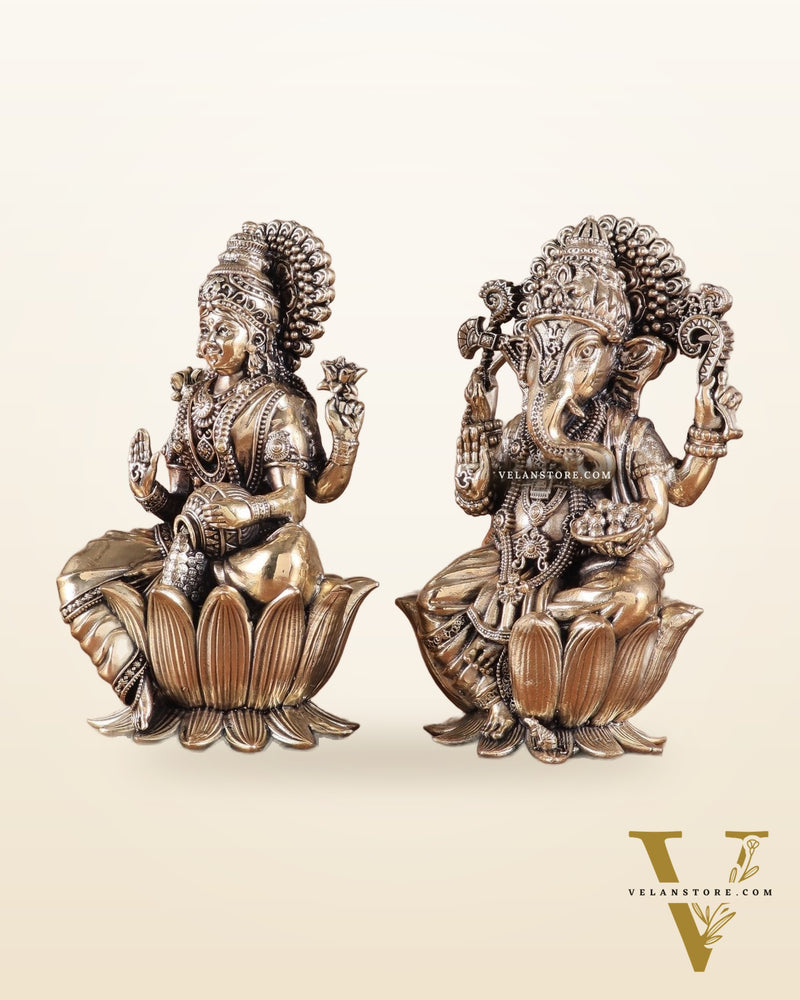 Brass Superfine Lord Ganesha & Goddess Lakshmi Pair – Intricately Carved 6"