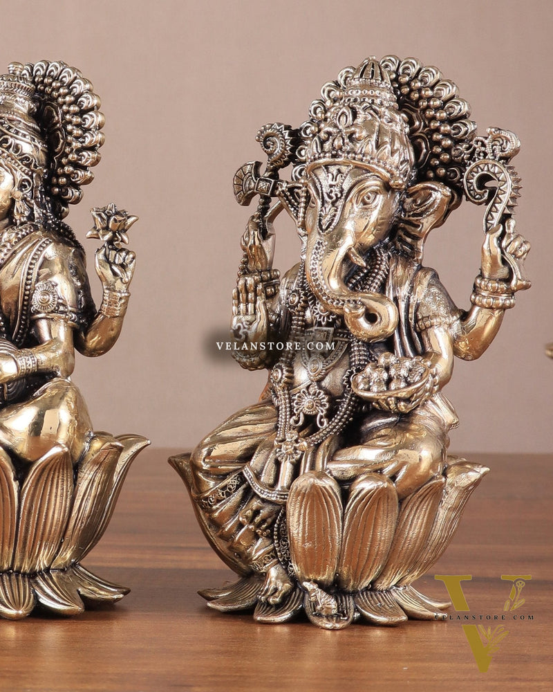 Brass Superfine Lord Ganesha & Goddess Lakshmi Pair – Intricately Carved 6"