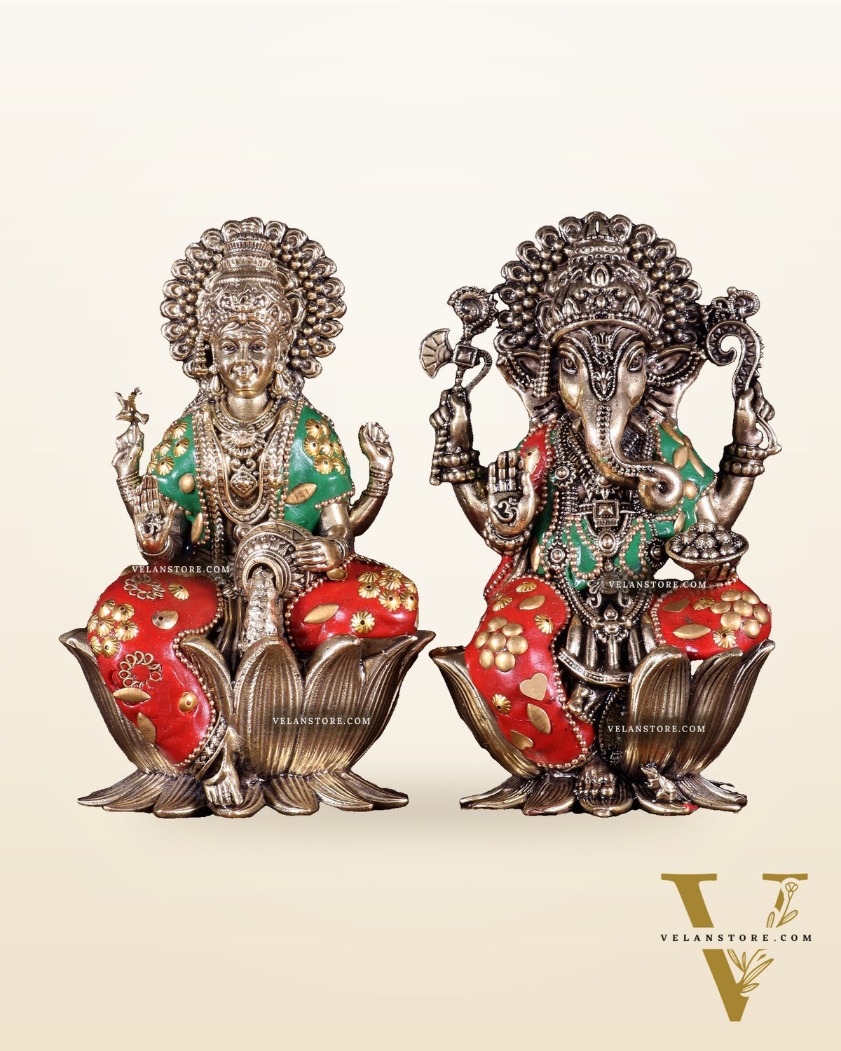 Brass Superfine Lord Ganesha & Goddess Lakshmi Pair – meenakari 6"