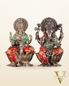 Brass Superfine Lord Ganesha & Goddess Lakshmi Pair – meenakari 6"