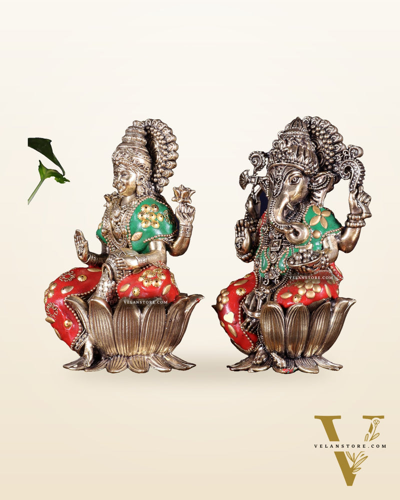 Brass Superfine Lord Ganesha & Goddess Lakshmi Pair – meenakari 6"