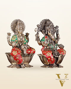 Brass Superfine Lord Ganesha & Goddess Lakshmi Pair – meenakari 6"