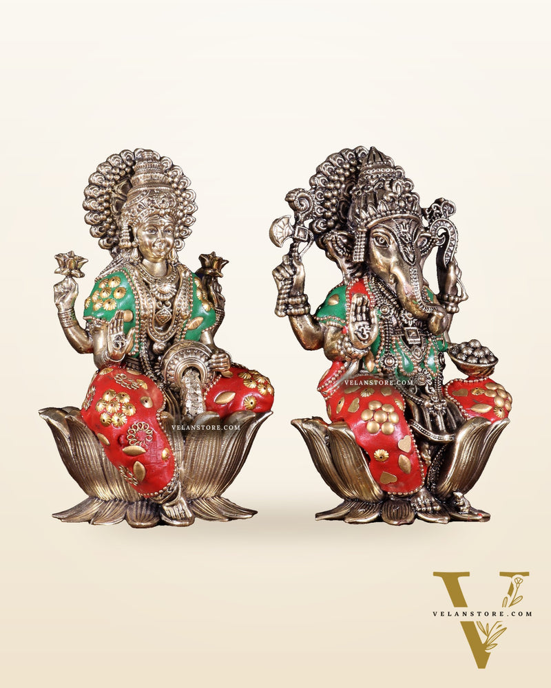 Brass Superfine Lord Ganesha & Goddess Lakshmi Pair – meenakari 6"