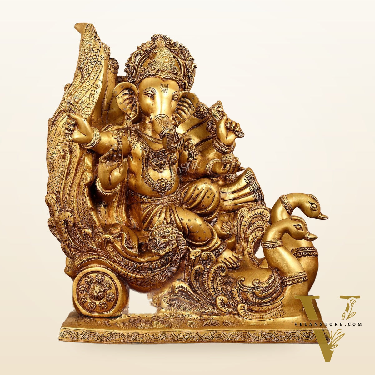 Brass Superfine Lord Ganesha Idol on Swan Chariot - 21.5 Inches