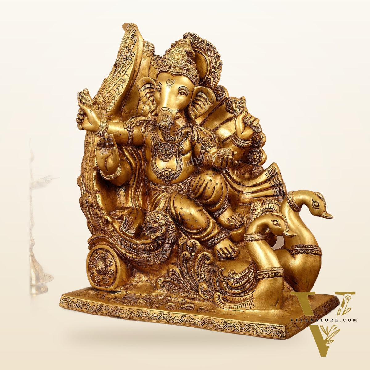 Brass Superfine Lord Ganesha Idol on Swan Chariot - 21.5 Inches