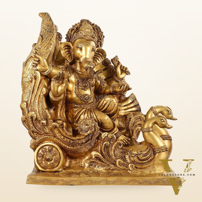 Brass Superfine Lord Ganesha Idol on Swan Chariot - 21.5 Inches