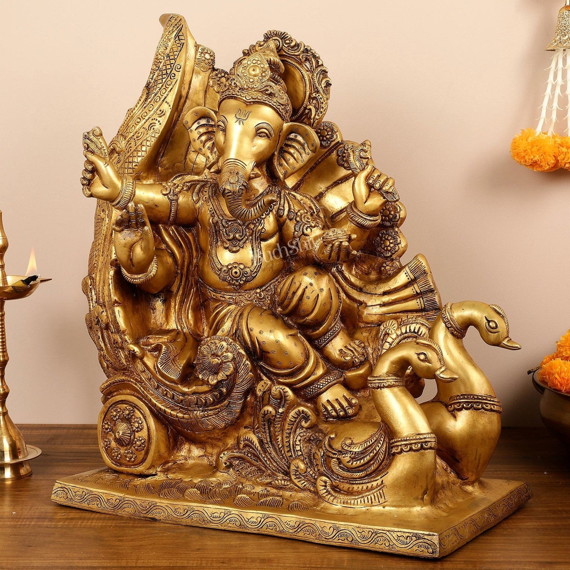 Brass Superfine Lord Ganesha Idol on Swan Chariot - 21.5 Inches