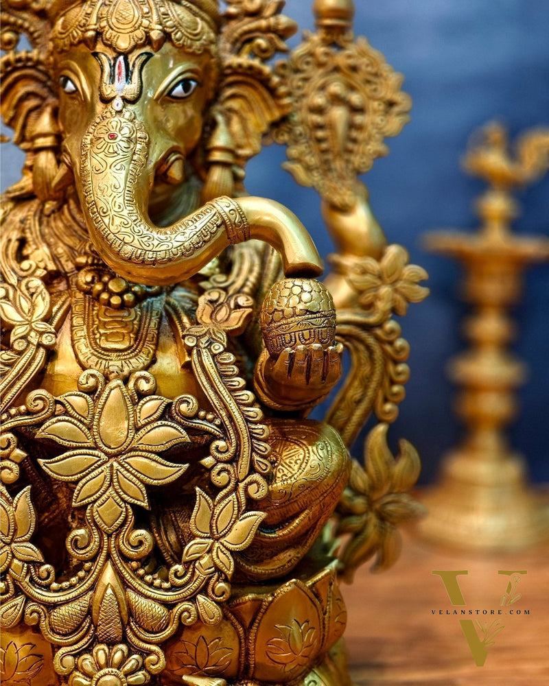 Brass Superfine Lord Ganesha Idol with Lotus – 23.5 Inches Tall