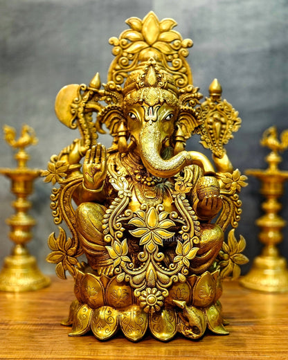 Brass Superfine Lord Ganesha Idol with Lotus – 23.5 Inches Tall